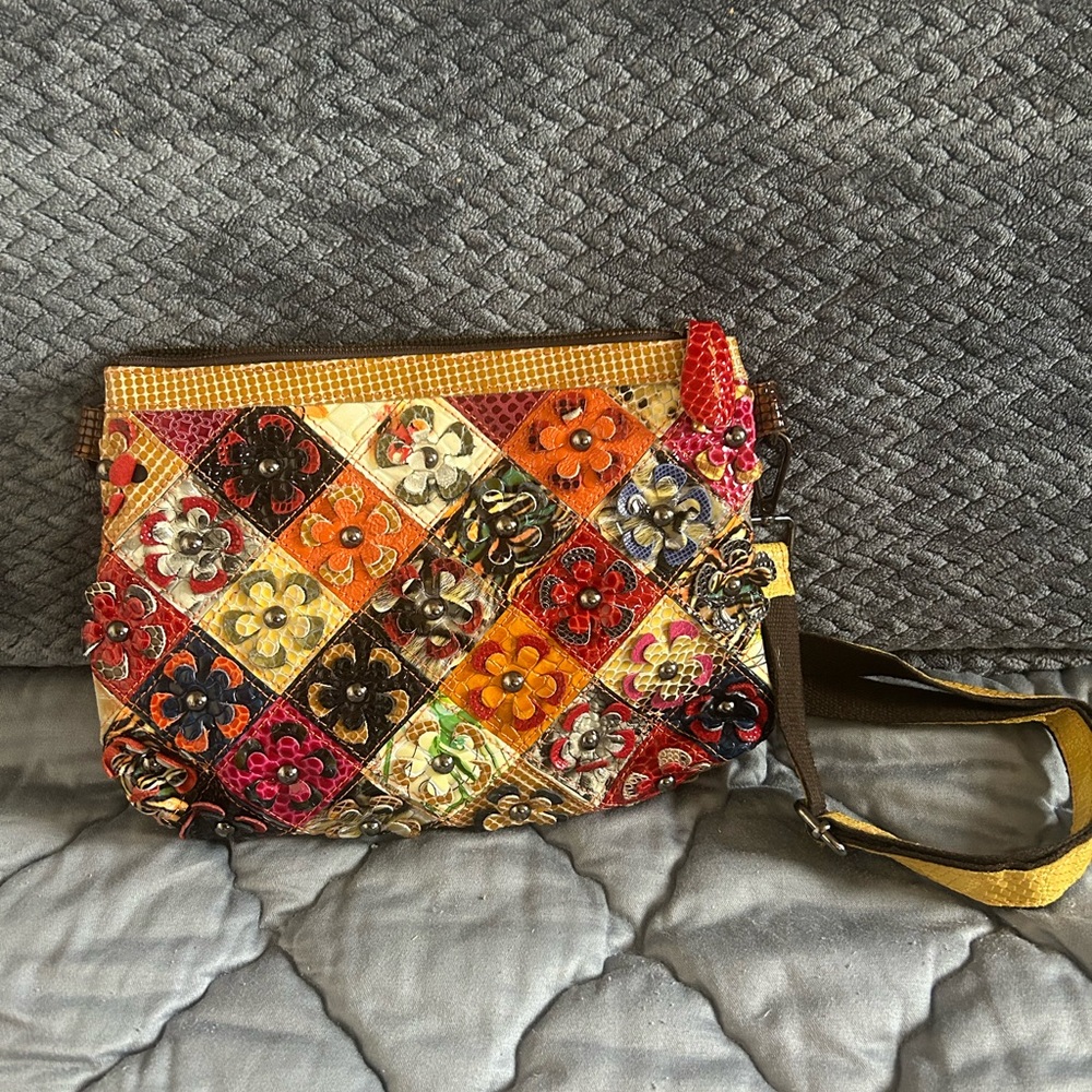 Treska Multicolor Floral Patchwork Clutch with Yellow Trim